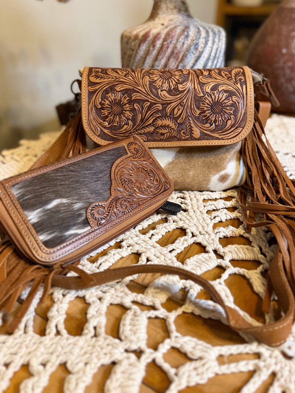 Myra Bag Cowhide Tooled Leather Fringe Crossbody Purse Wallet Set Western Boho